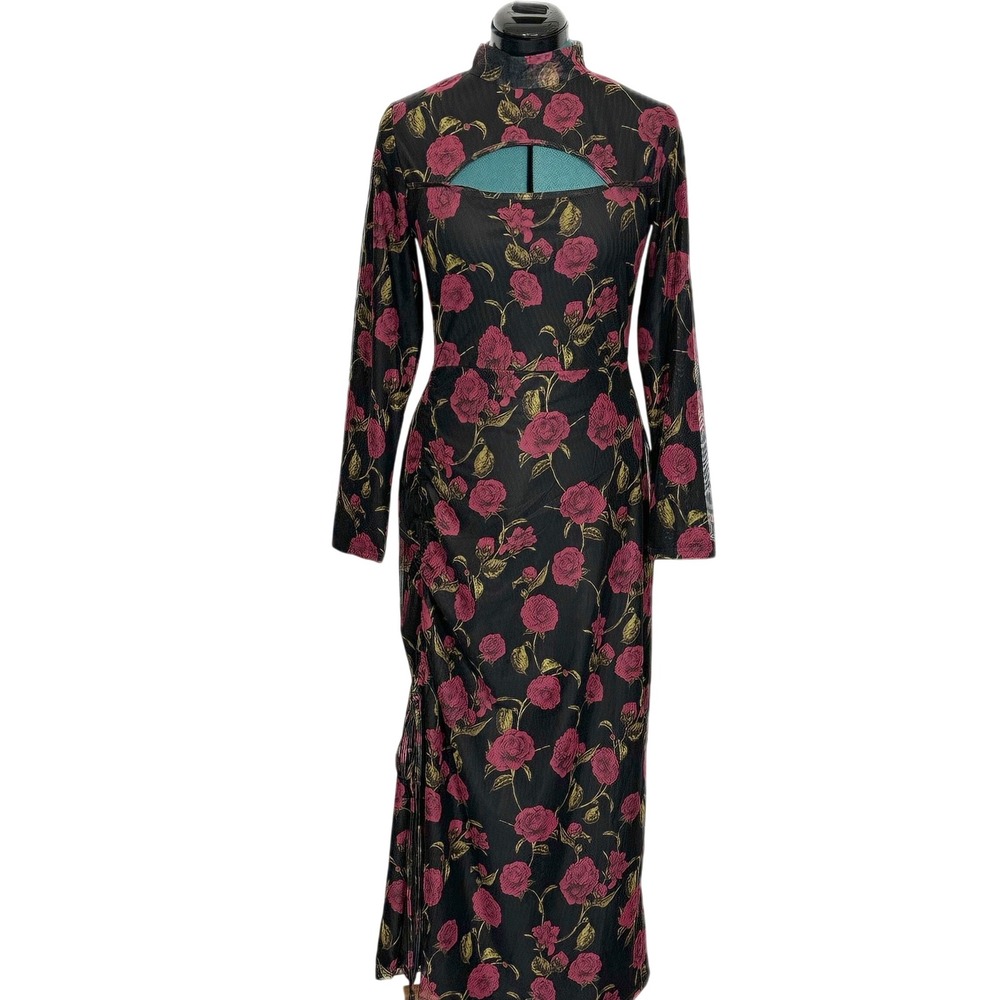 Ivy City Co Victoria Long Sleeve Maxi Dress Medium Keyhole Front Black Red Rose